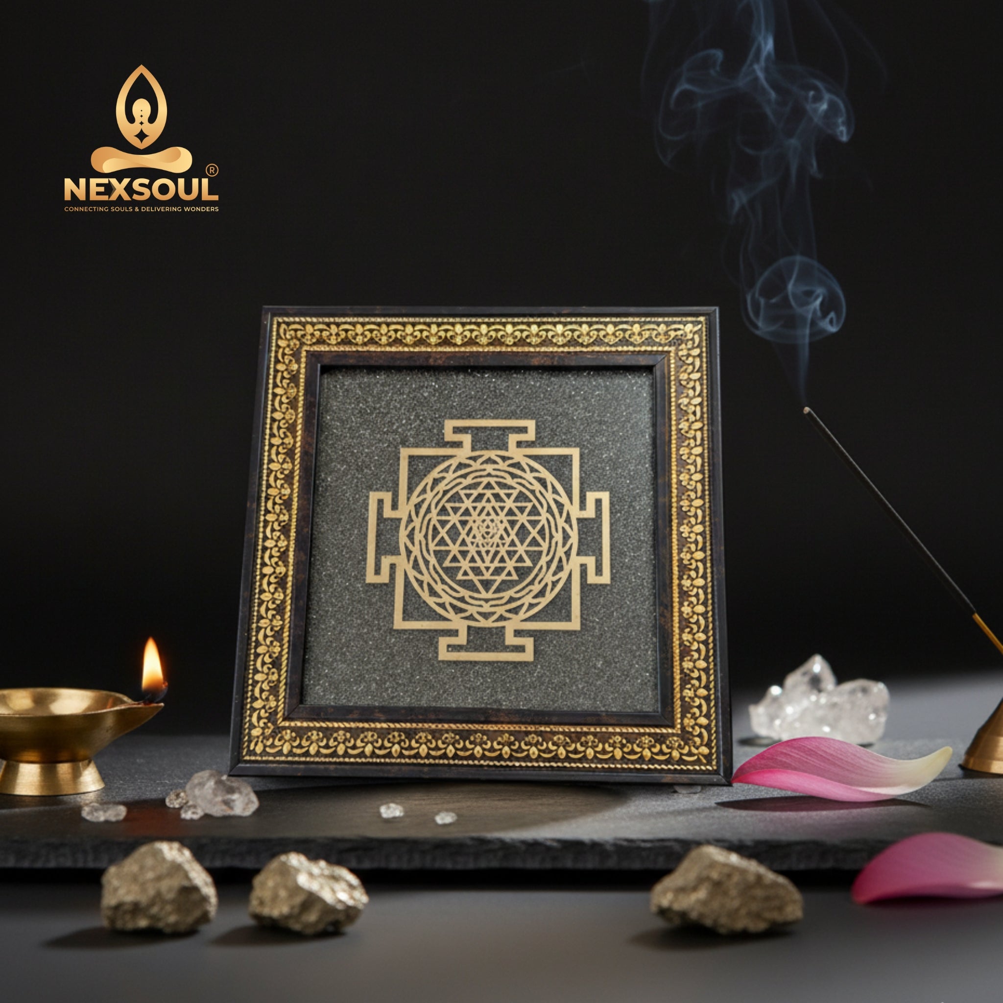Shree Yantra on Raw Pyrite Frame